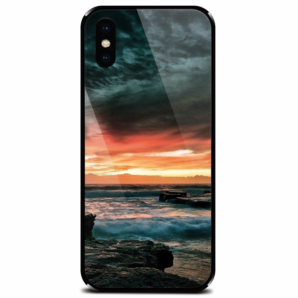 Husa din sticla securizata pentru Apple iPhone X, Dramatic Rocky Beach Shore Sunset
