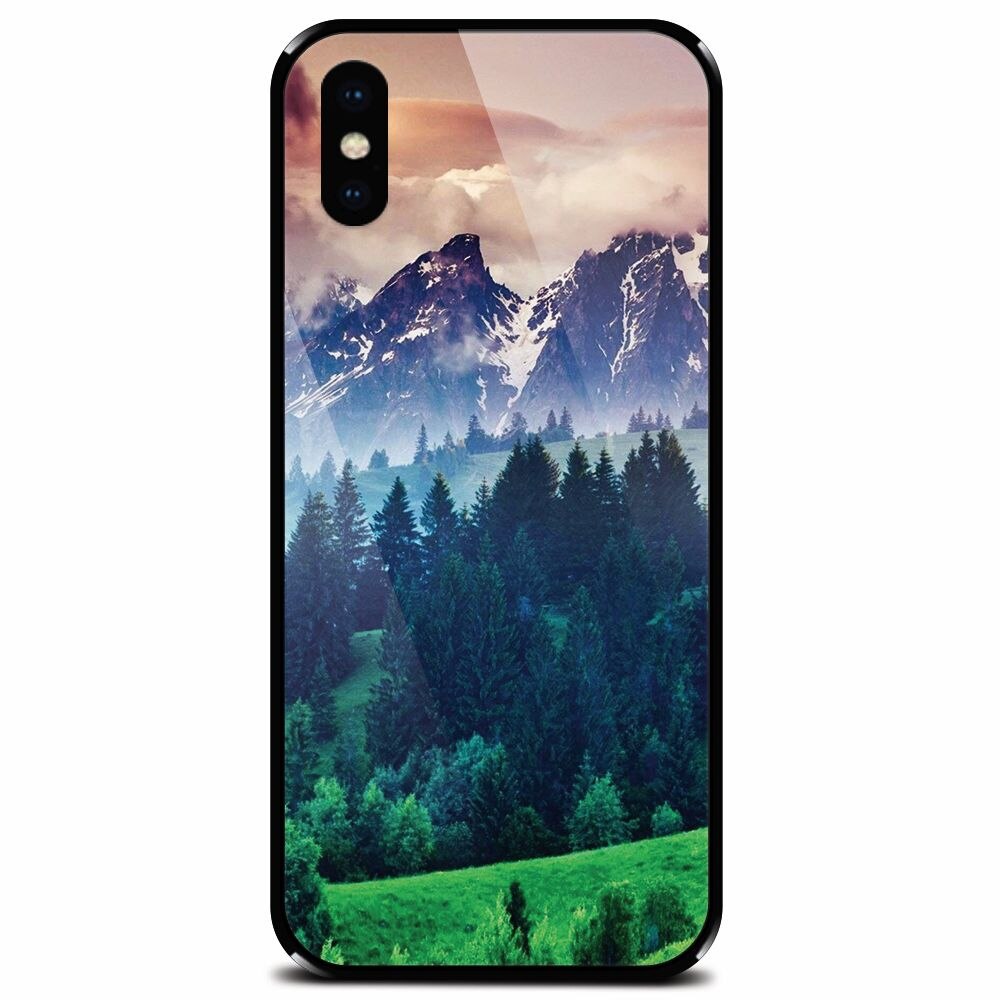Husa din sticla securizata pentru Apple iPhone X, Forest Hills Snowy Mountains And Sunset Clouds