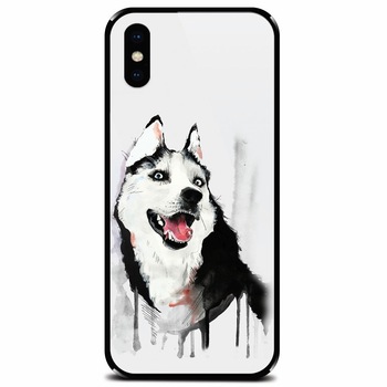 Husa din sticla securizata pentru Apple iPhone XS Max, Husky Dog Watercolor Illustration Husa din sticla securizata pentru Apple iPhone XS Max, Husky Dog Watercolor Illustration