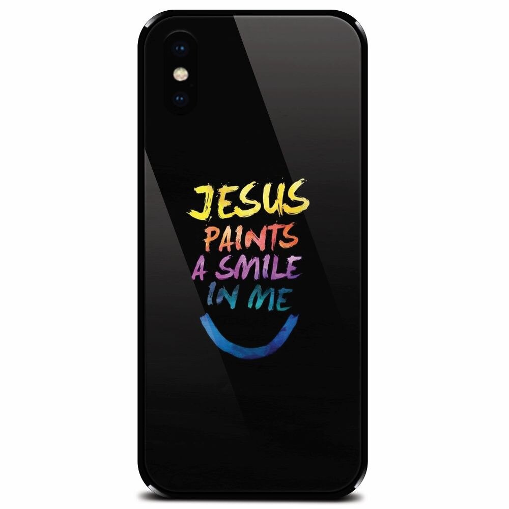 Husa din sticla securizata pentru Apple iPhone X, Jesus Paints A Smile In Me