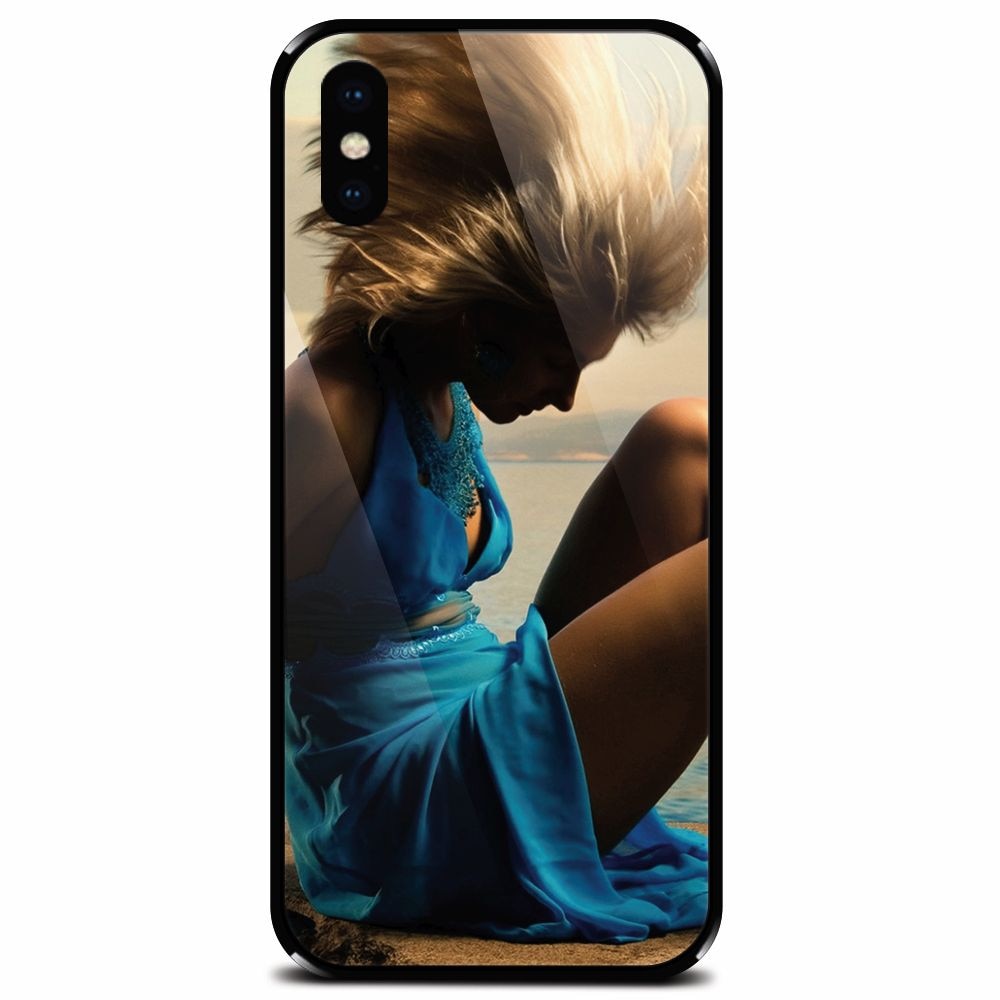 Husa din sticla securizata pentru Apple iPhone X, Girl In Blue Dress