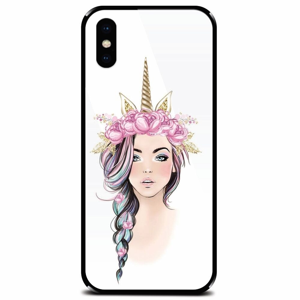Husa din sticla securizata pentru Apple iPhone X, Unicorn Girl
