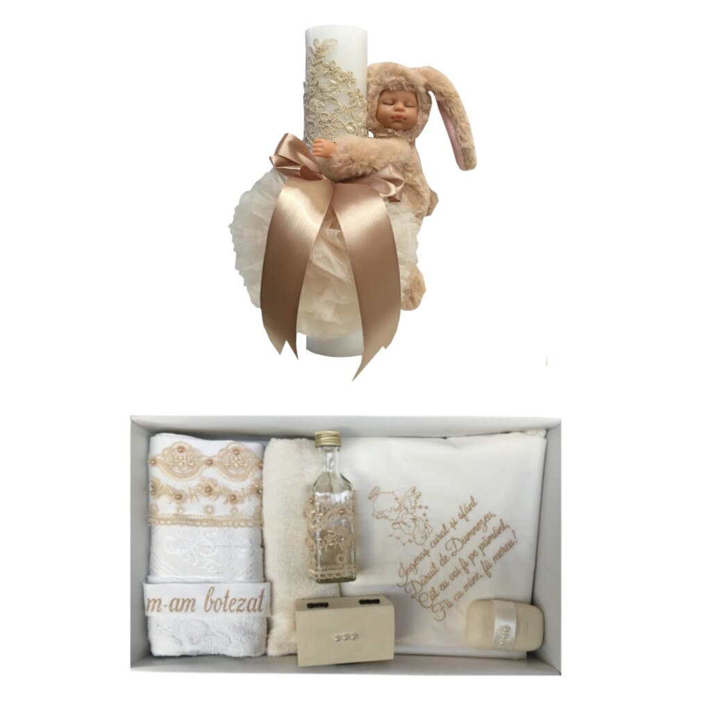 Set Botez Dantela Crem ,Trusou brodat 7 pcs. si Lumanare cu Iepuras ,Crem