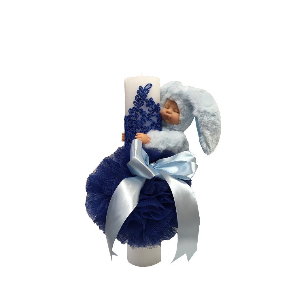 Lumanare Botez cu Dantela si Iepuras, Albastru