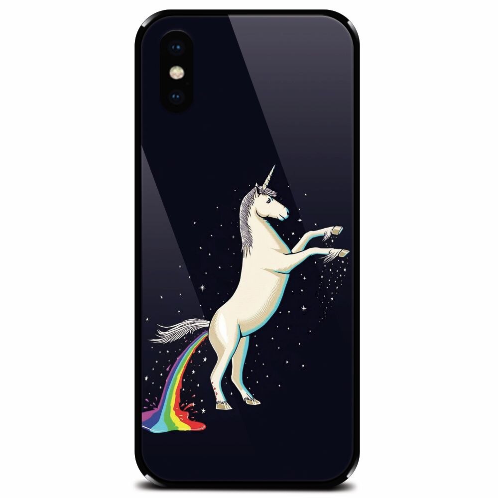 Husa din sticla securizata pentru Apple iPhone XS, Unicorn Shitting Rainbows