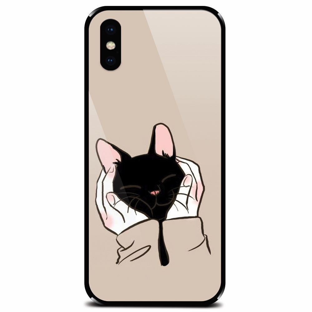 Husa din sticla securizata pentru Apple iPhone XS, Th Black Cat In Hands