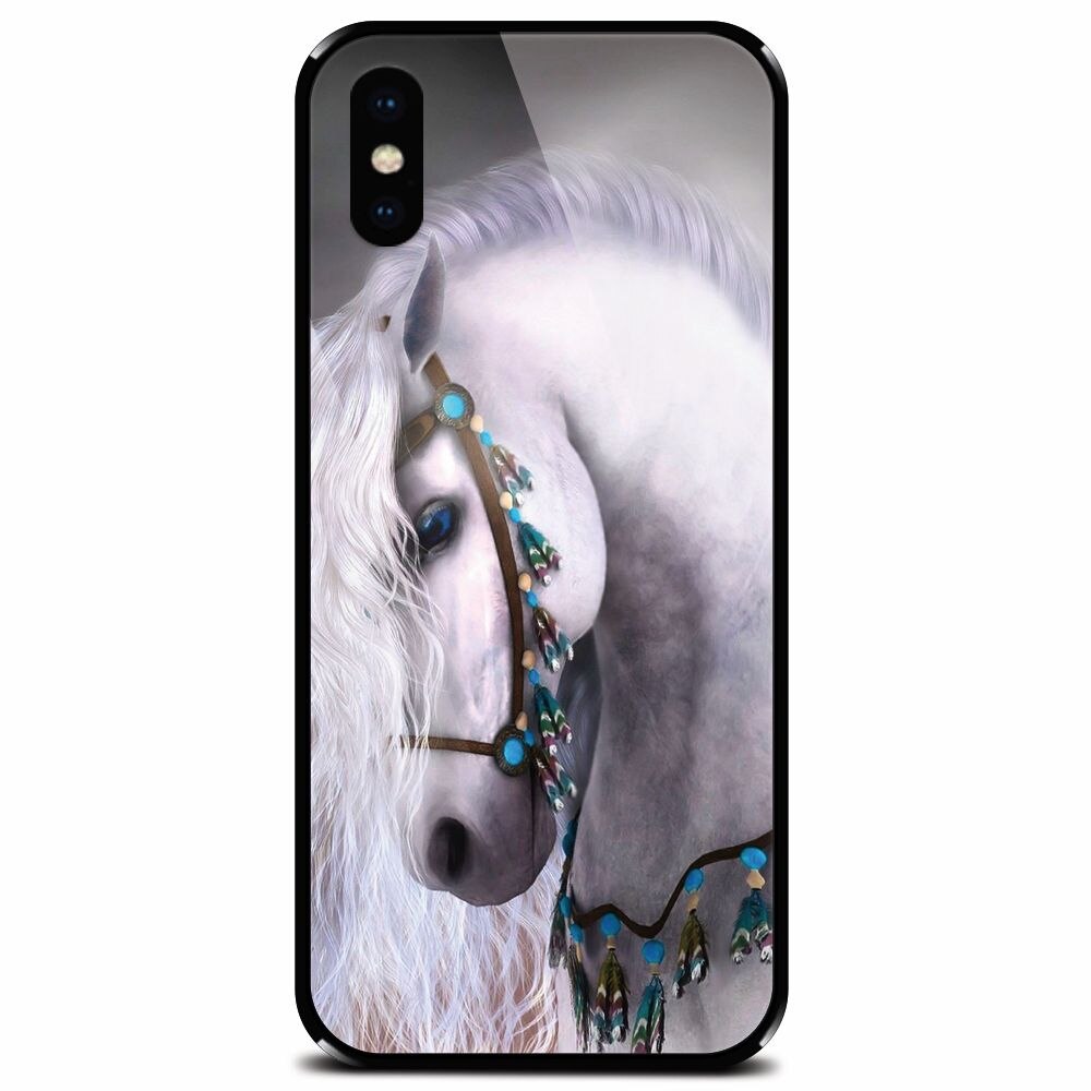 Husa din sticla securizata pentru Apple iPhone XS, White Horse