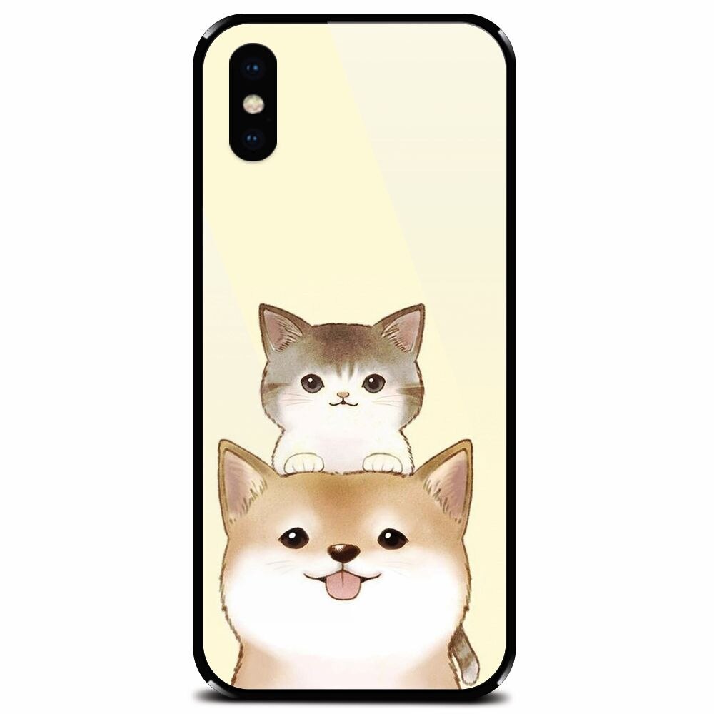 Husa din sticla securizata pentru Apple iPhone XS, Two Cat