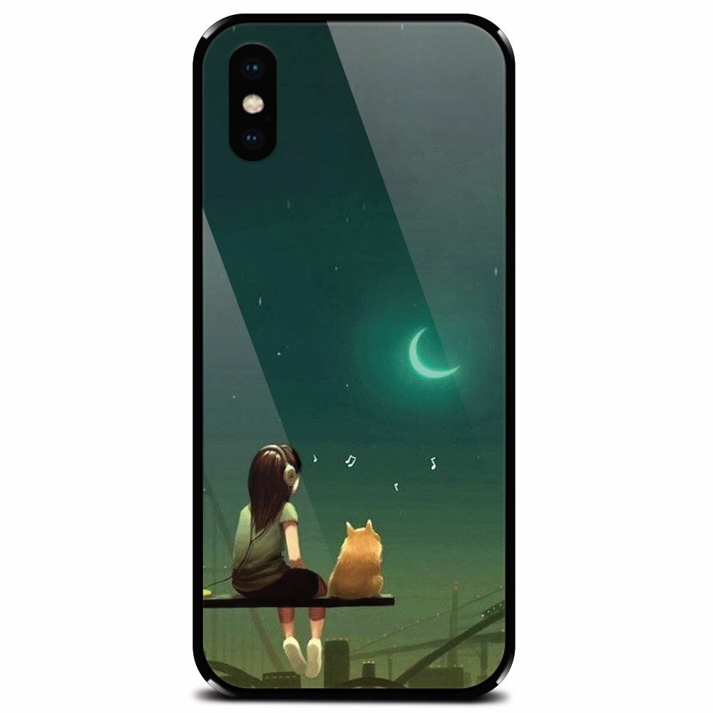 Husa din sticla securizata pentru Apple iPhone X, Cat And Girl