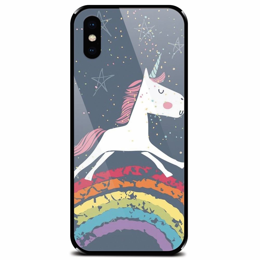 Husa din sticla securizata pentru Apple iPhone XS, Unicorn Rainbow