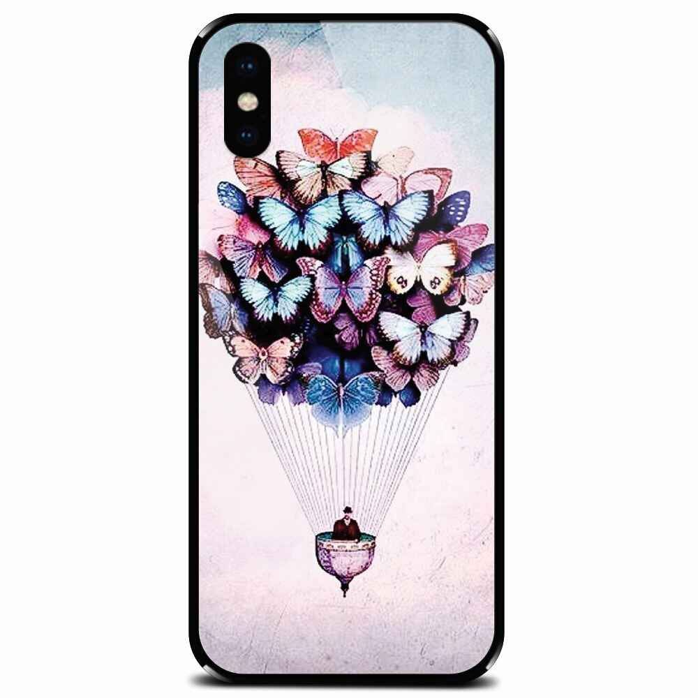 Husa din sticla securizata pentru Apple iPhone XS, Butterfly Baloon