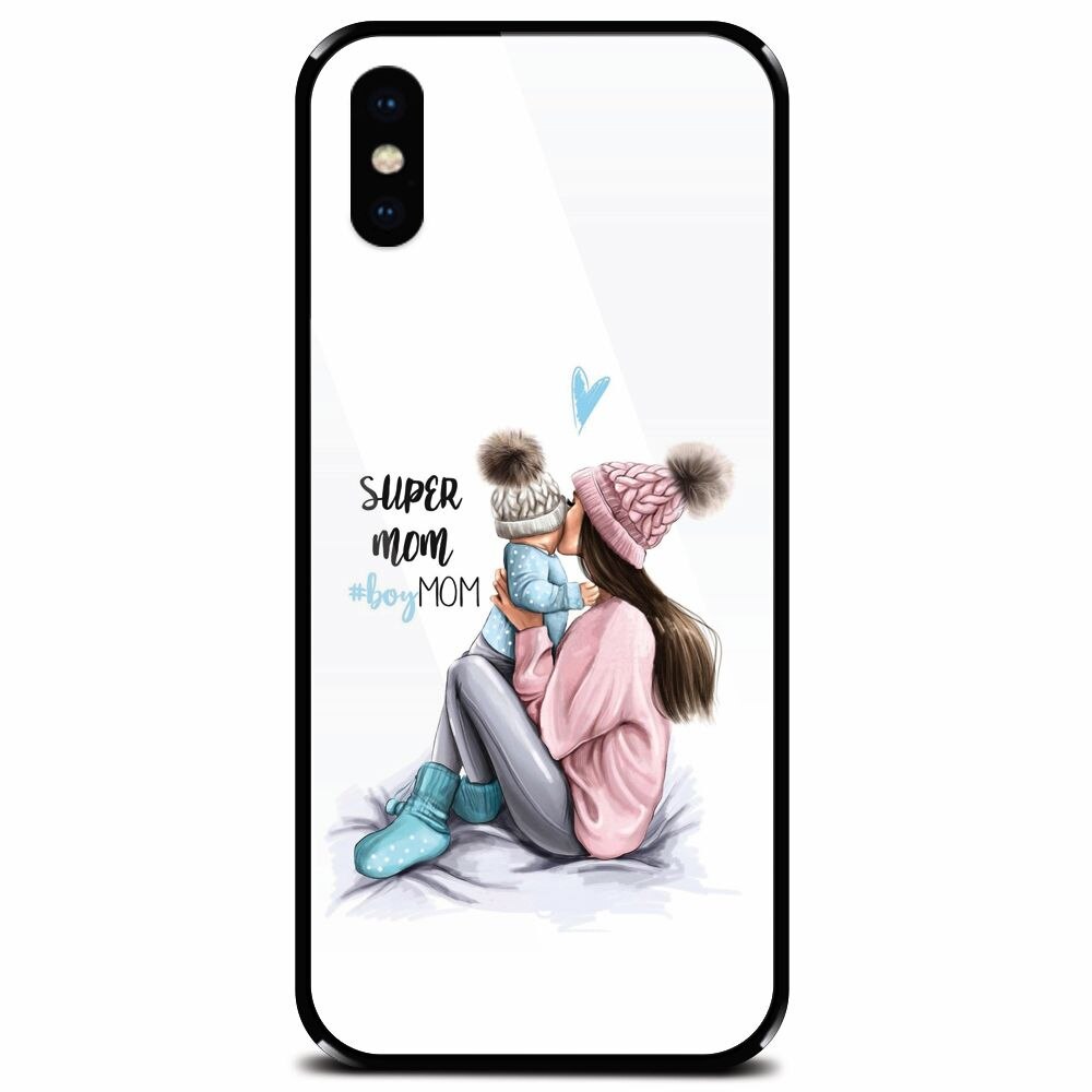 Husa din sticla securizata pentru Apple iPhone XS Max, Super Mom With Boy