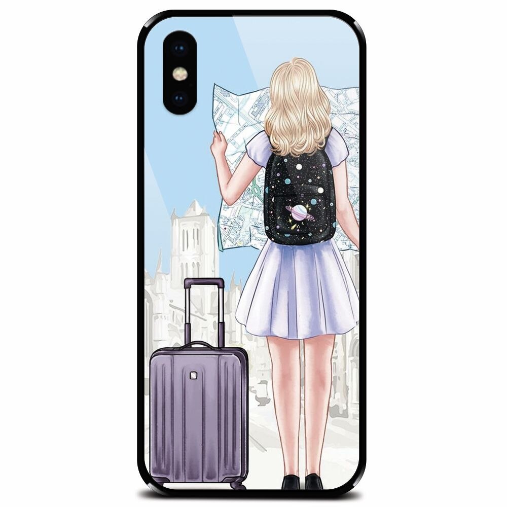 Husa din sticla securizata pentru Apple iPhone X, Travel Girl Searching On Map