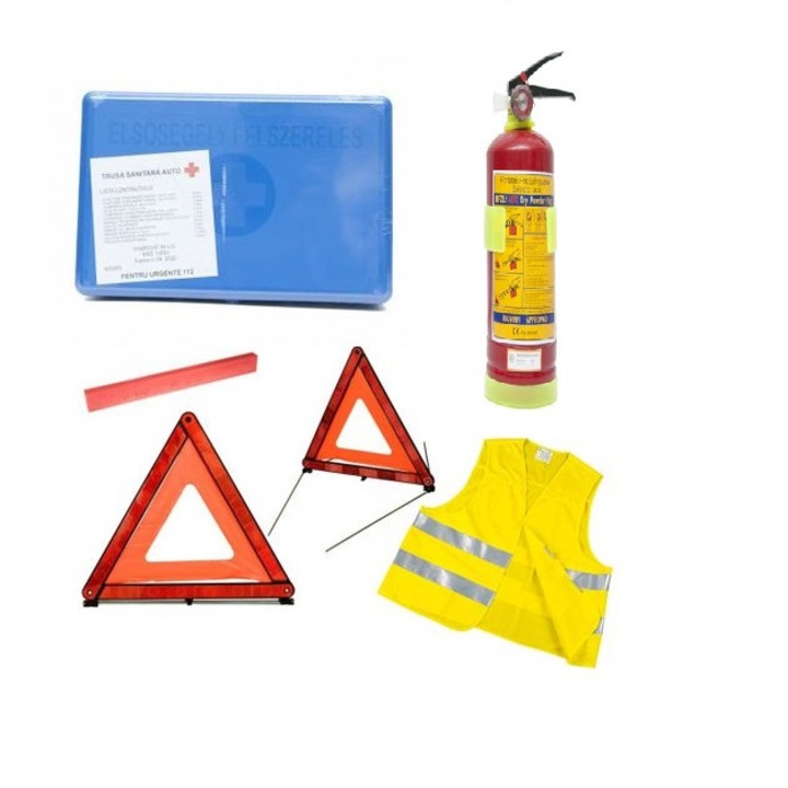 Предпазен комплект за кола, съдържа: медицински комплект, жилетка, 2 светлоотразителни триъгълника, пожарогасител с габарит, 1 кг.