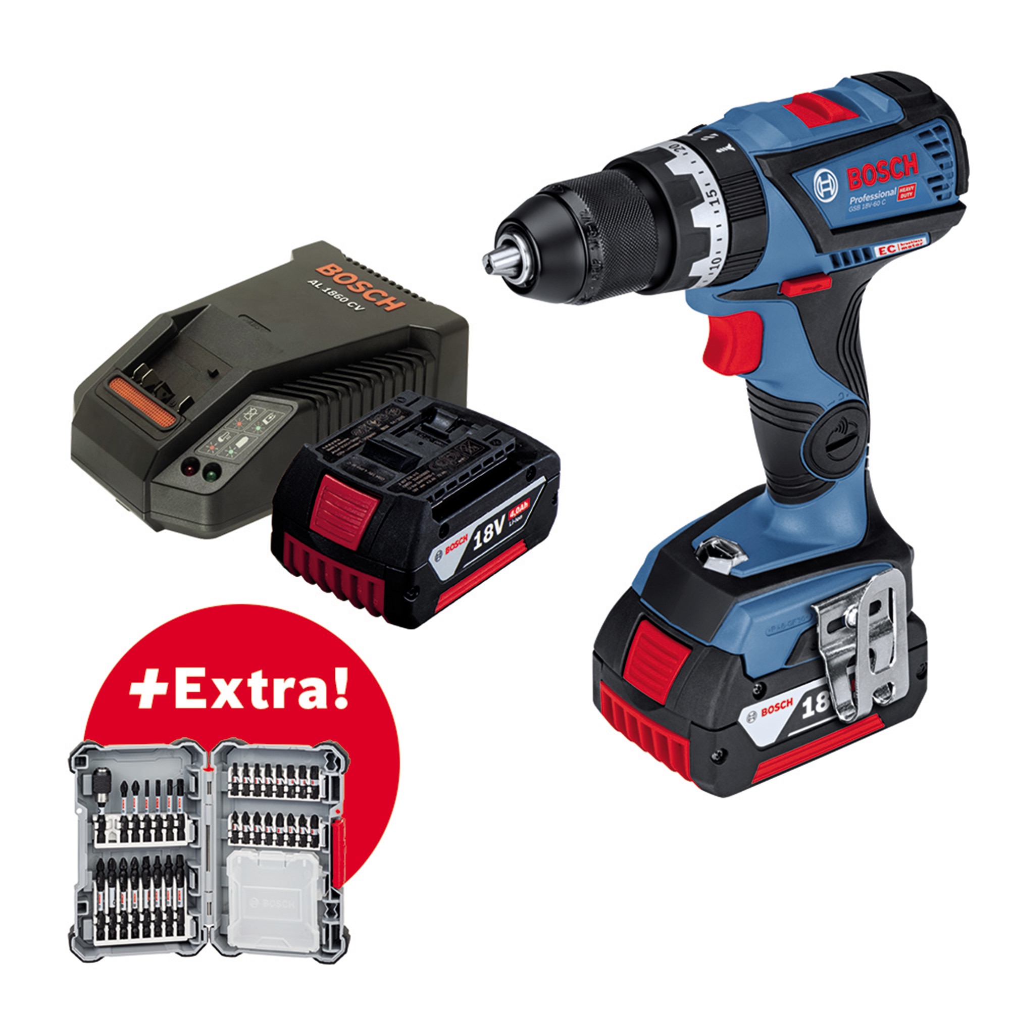 Masina de gaurit cu percutie pe acumulator Bosch Professional GSB 18 V-60 C, 18 V, 31/60 Nm, 1900 RPM, 28.500 PPM, 2 acumulatori 4 Ah, 1 incarcator, set biti de impact 31 elemente