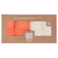 Set 4 prosoape baie Square Nature, 30x50 cm, bumbac organic, crem si coral