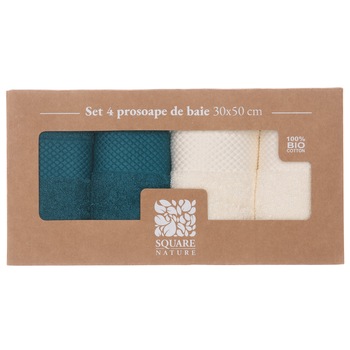 Set 4 prosoape baie Square Nature, bumbac organic, 30x50 cm, crem si albastru-petrol Set 4 prosoape baie Square Nature, bumbac organic, 30x50 cm, crem si albastru-petrol