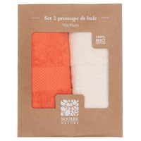 Set 2 prosoape baie Square Nature, 50x90 cm bumbac organic, crem si coral