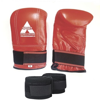 Manusi sac box Anastasia Sport, piele naturala, culoare rosie, marime XL cu bandaje incluse Manusi sac box Anastasia Sport, piele naturala, culoare rosie, marime XL cu bandaje incluse