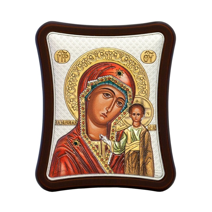 Icoana Ag925 lemn Maica Domnului Kazan 8,5cm x 10cm