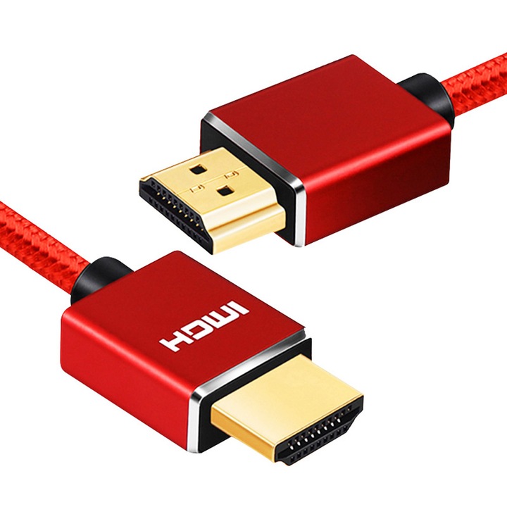 Cablu HDMI tata - tata la 1m, contacte AUR 24K, protectie calitate extra, pentru 4K Ultra HD si Full HD 30 / 60 fps, husa Nylon exterior, rosu