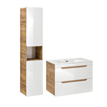 Set Biano, Masca si Lavoar 80 cm plus Dulap Inalt 170 cm, Alb/Stejar Set Biano, Masca si Lavoar 80 cm plus Dulap Inalt 170 cm, Alb/Stejar