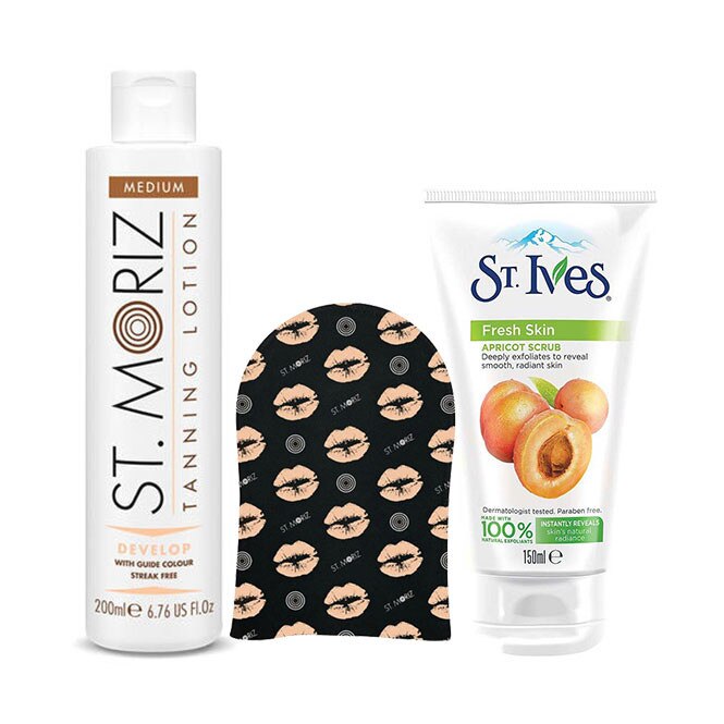Pachet complet pentru autobronzare profesionala ST MORIZ cu Lotiune Instant Medium, Manusa si Exfoliant ST IVES