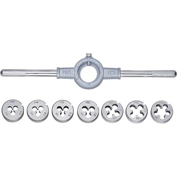 Set filiere de mana cu suport, 8 piese, M3-M12, SibrTech Set filiere de mana cu suport, 8 piese, M3-M12, SibrTech
