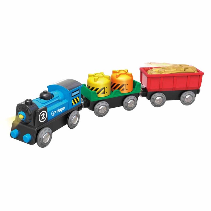 Tren marfar cu doua vagoane E3720, Hape, Multicolor, + 3 ani