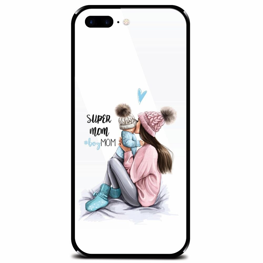 Husa din sticla securizata pentru Apple iPhone 8 Plus, Super Mom With Boy