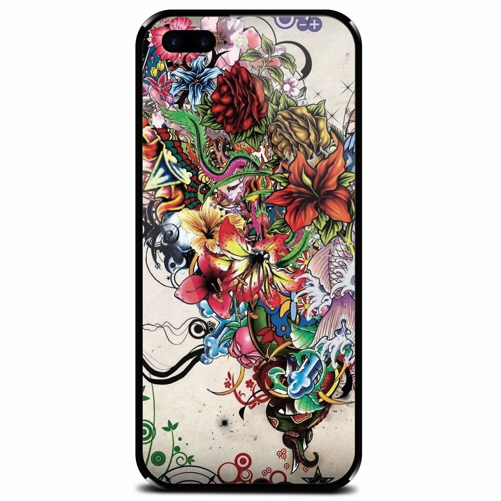 Husa din sticla securizata pentru Apple iPhone 8 Plus, Abstract Flowers Tattoo Illustration