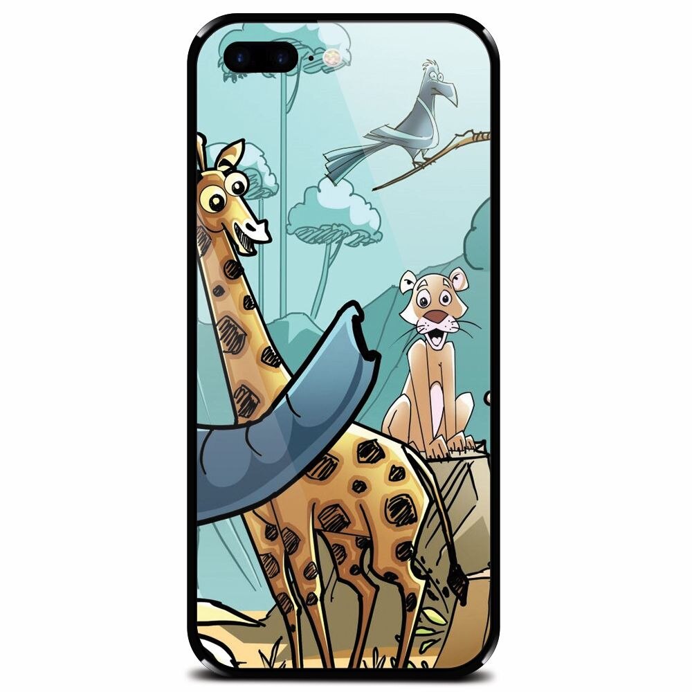 Husa din sticla securizata pentru Apple iPhone 7 Plus, Children Drawings Elephants Giraffes Lions
