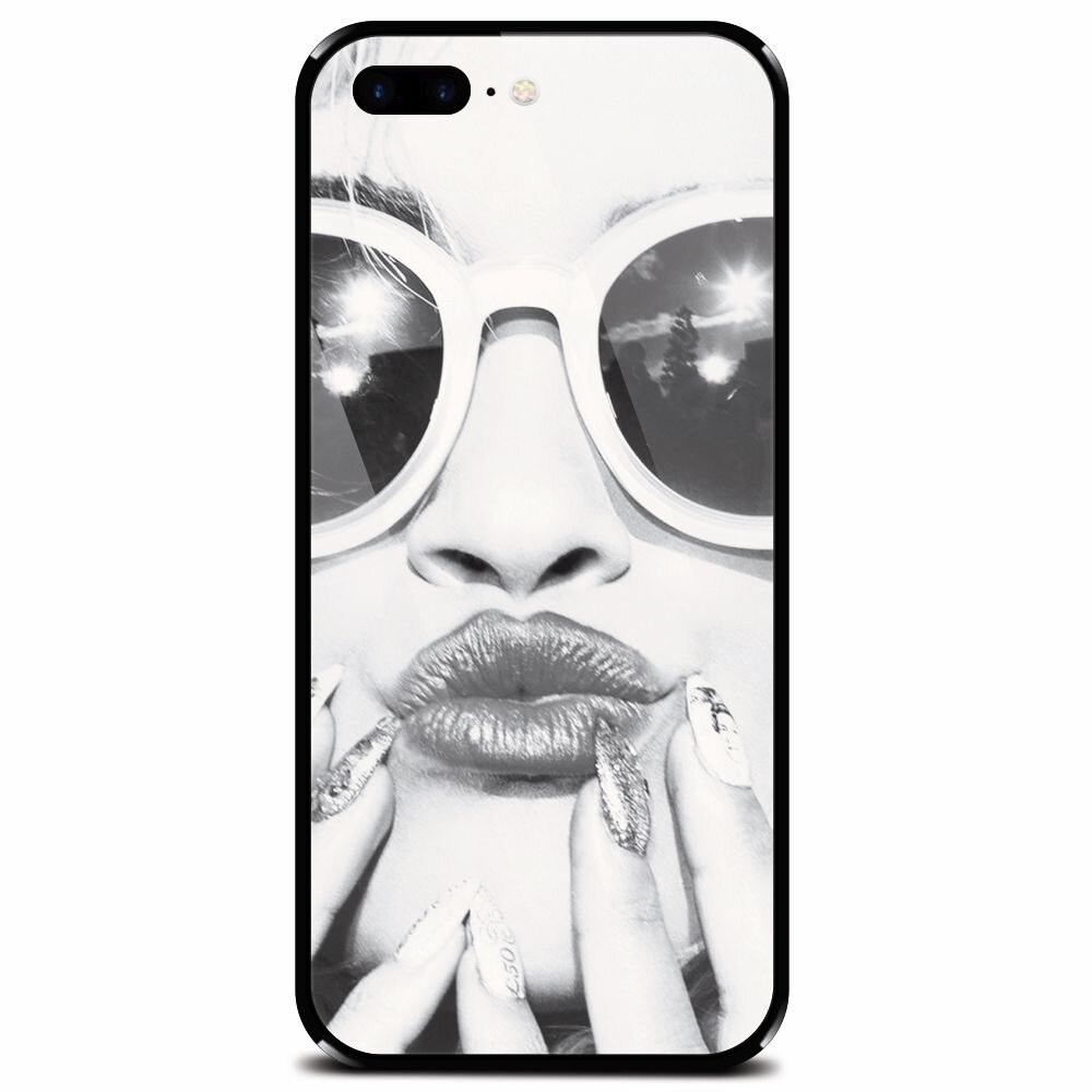 Husa din sticla securizata pentru Apple iPhone 8 Plus, Black And White Portrait Blonde Model In Fashion Sunglasses