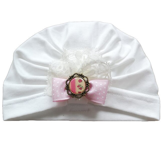 Turban botez Mic Pitic T64NN din tricot subtire cu fundita si camee roz, ecru, 42 cm, 3-6 luni