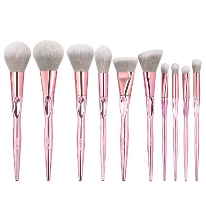 Set 10 pensule machiaj, cu maner roz, cu etui