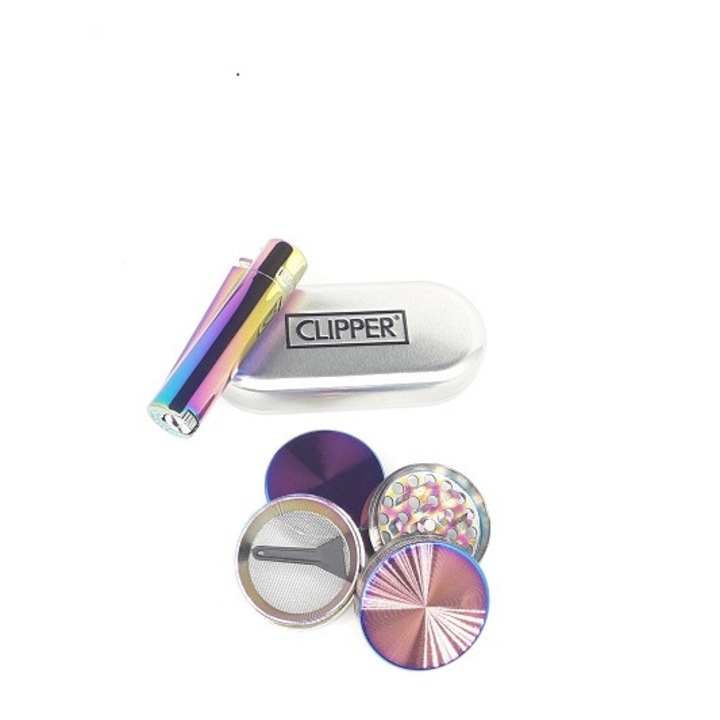 Set Bricheta Clipper Large Metal Rainbow + cutie metalica + Grinder tocat tutun 40 mm, metalic, Rainbow