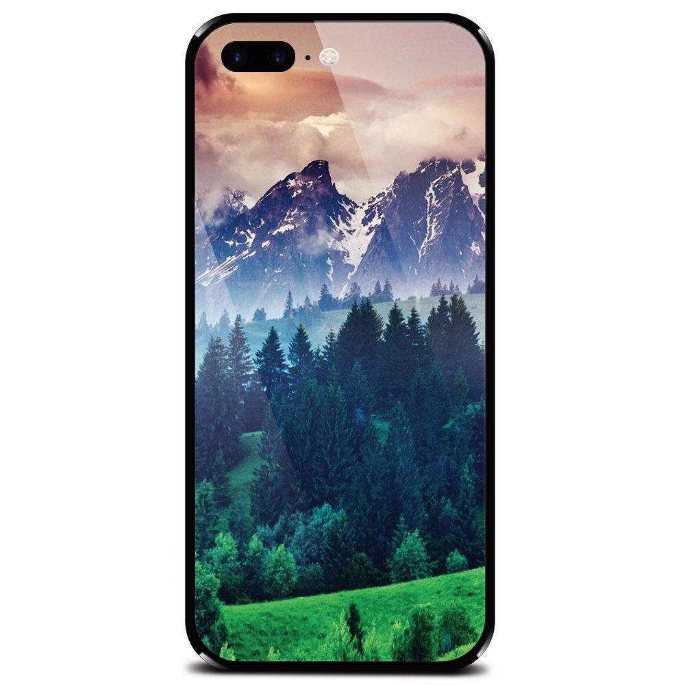 Husa din sticla securizata pentru Apple iPhone 8 Plus, Forest Hills Snowy Mountains And Sunset Clouds