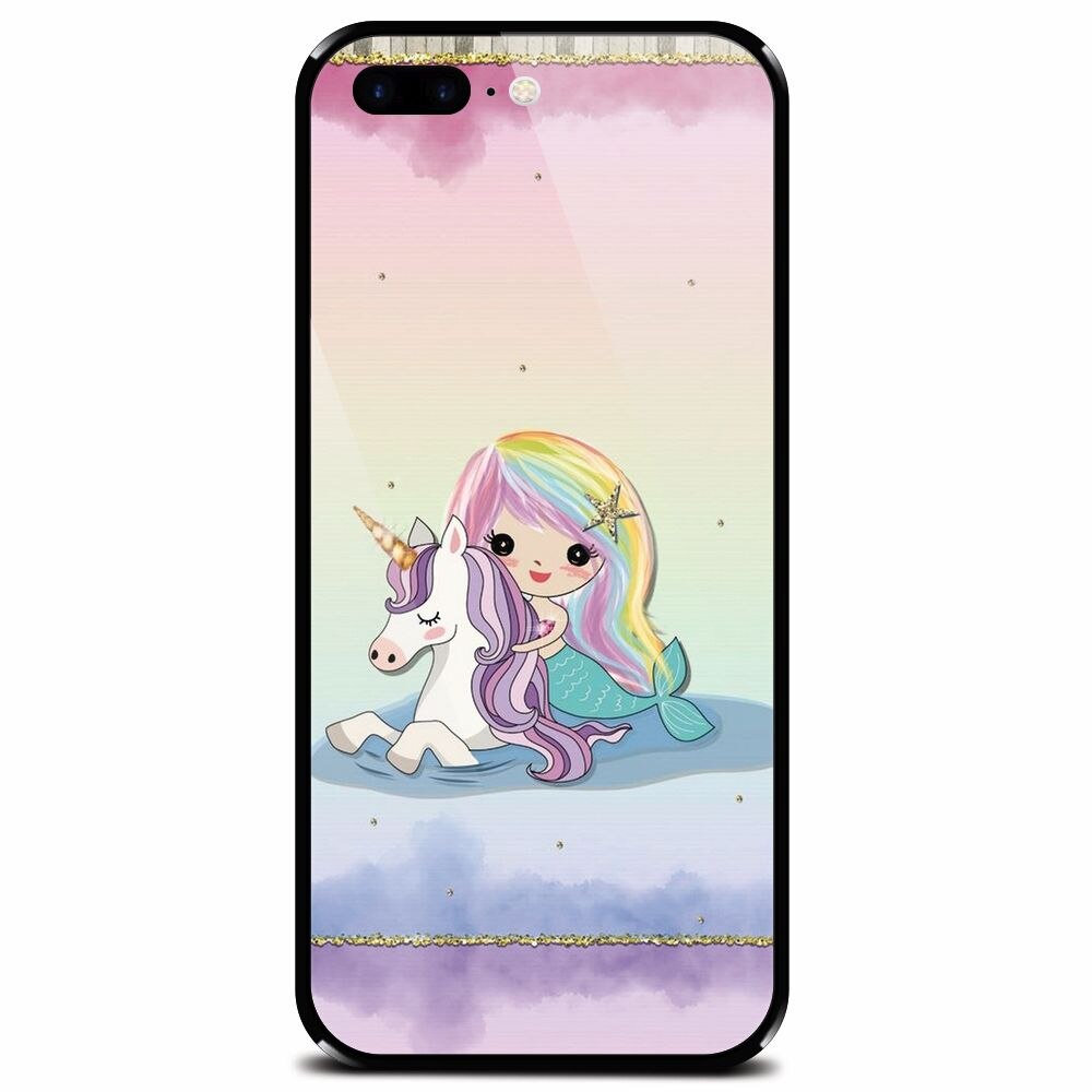 Husa din sticla securizata pentru Apple iPhone 8 Plus, Mermaid Unicorn Play