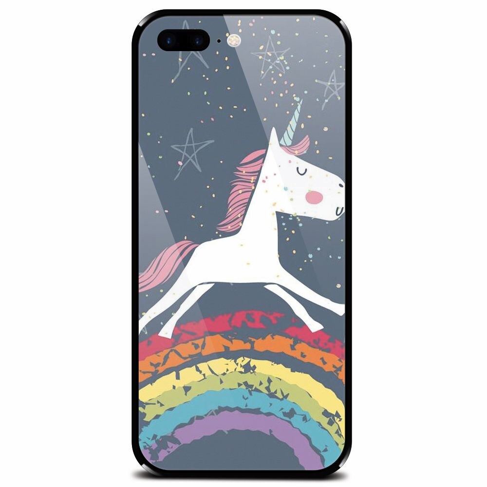 Husa din sticla securizata pentru Apple iPhone 7 Plus, Unicorn Rainbow