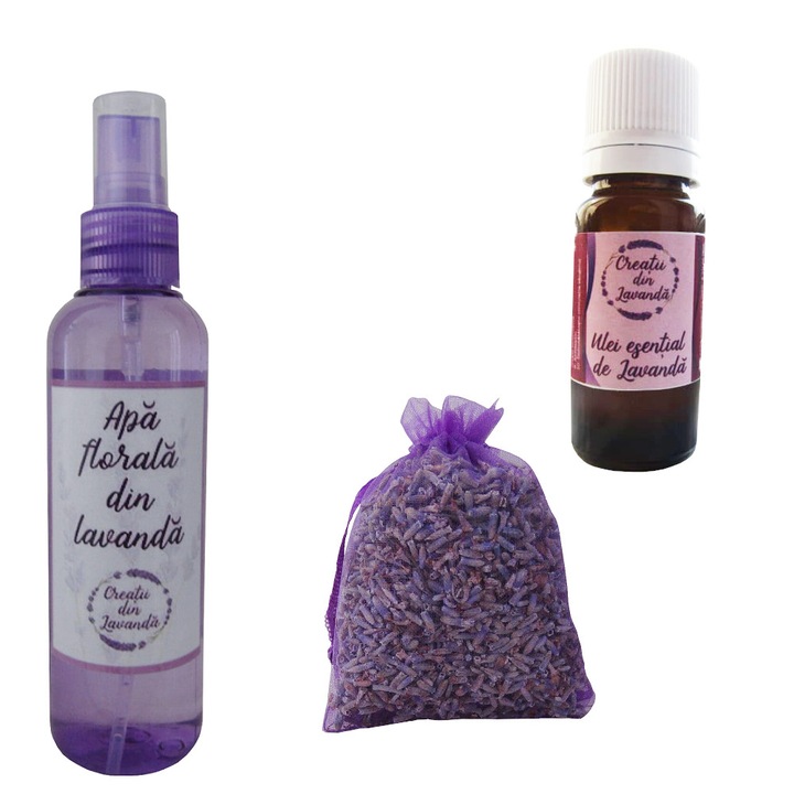 Pachet 61 saculeti cu lavanda 25 g, 1 ulei esential de lavanda 10 ml si 1 apa de lavanda 100 ml, Creatii din lavanda, Mov