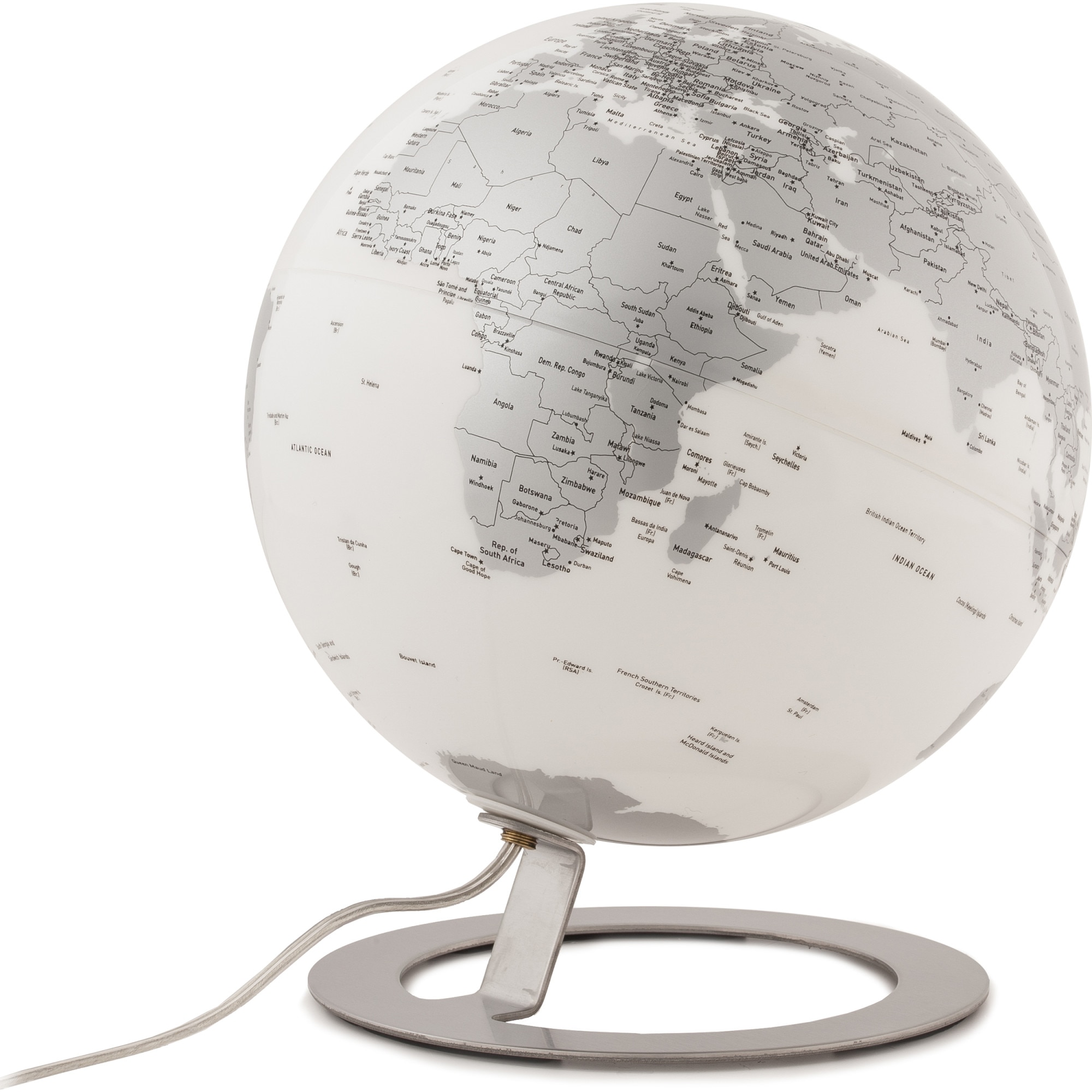 Glob iluminat Tecnodidattica Iglobe Light, 25 cm, baza din aluminium, continente cu argintiu