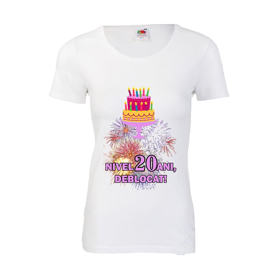 Tricou aniversar dama Fruit of the loom Nivel 20 ani, deblocat S
