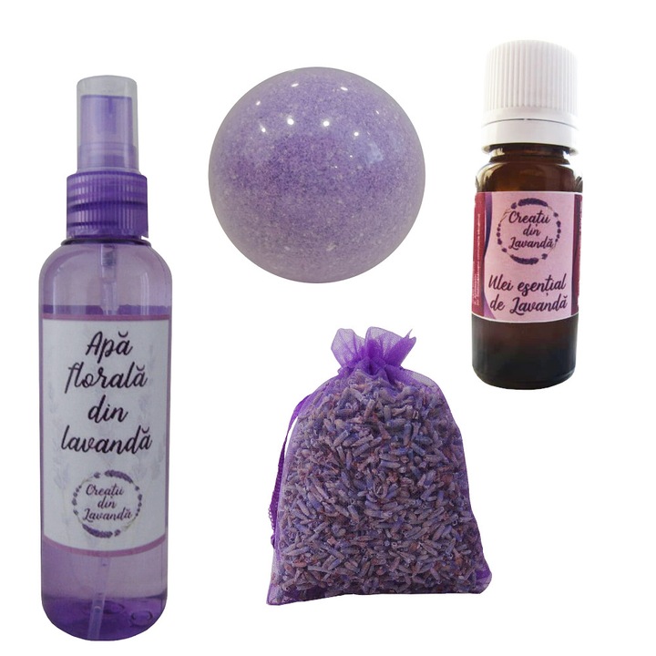 Опаковка от 94 лавандулови торбички 25 g, 1 етерично масло от лавандула 10 ml, 1 лавандулова вода 100 ml, 1 ефервесцентна топка за баня 150 g, Lavender Creations, Purple