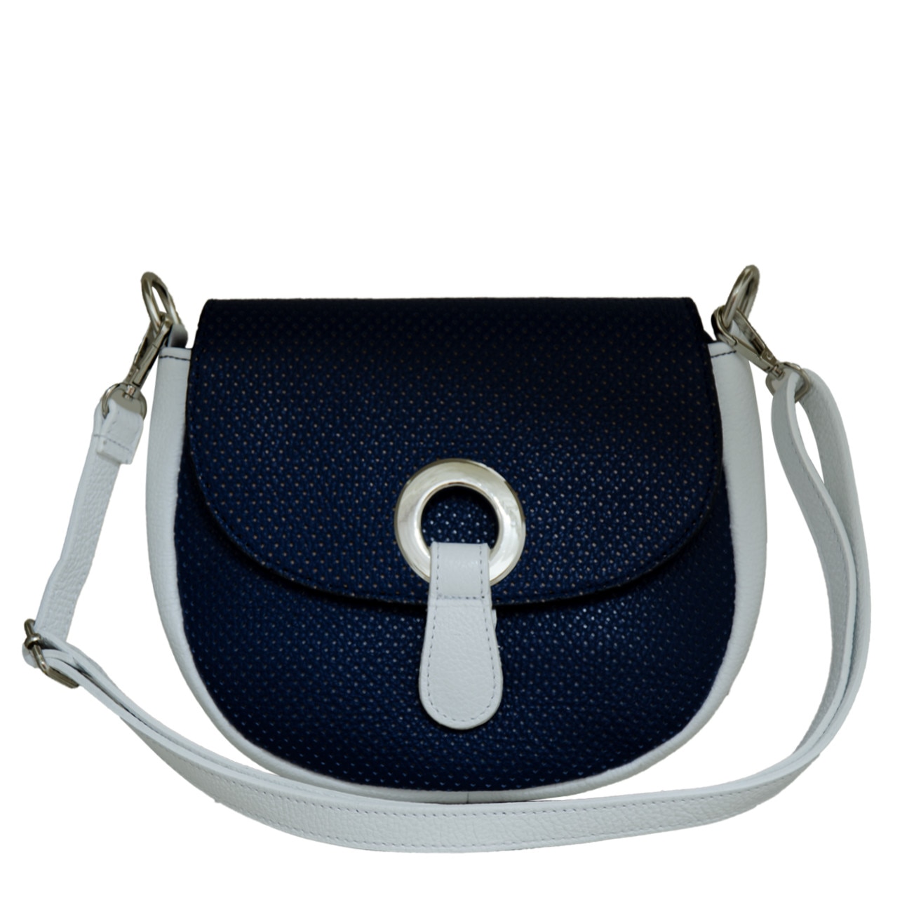 Geanta tip postas din piele naturala Eva Bags,Serena albastru cu alb