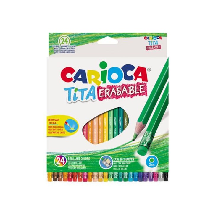Set 24 creioane colorate cu radiera, Carioca, Tita, Lemn