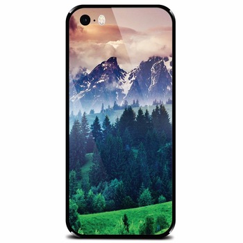 Husa din sticla securizata pentru Apple iPhone 5, Forest Hills Snowy Mountains And Sunset Clouds Husa din sticla securizata pentru Apple iPhone 5, Forest Hills Snowy Mountains And Sunset Clouds