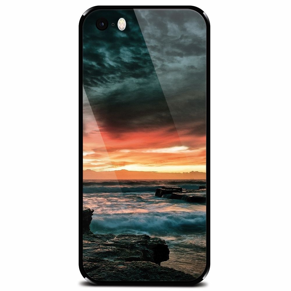 Husa din sticla securizata pentru Apple iPhone 5, Dramatic Rocky Beach Shore Sunset
