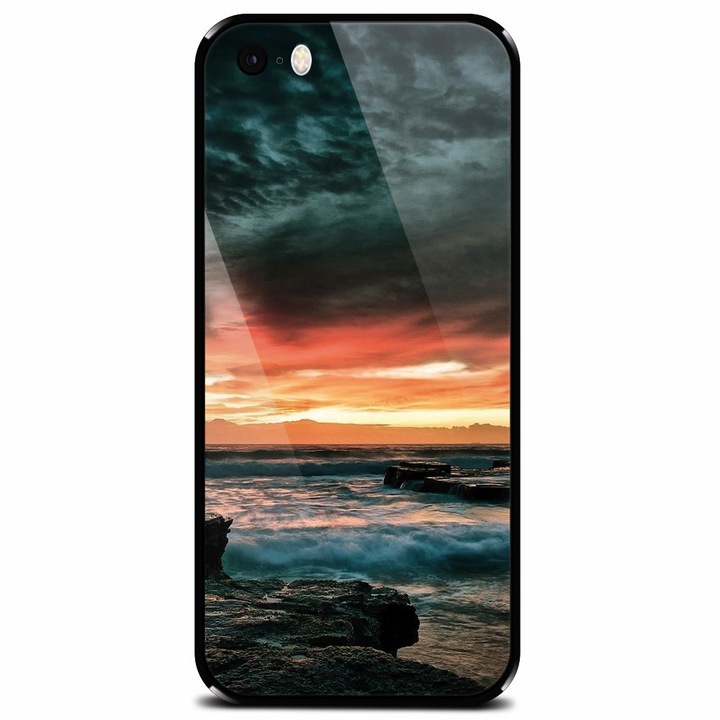 Edzett üveg tok Apple iPhone 5, drámai Rocky Beach Shore Sunset telefonhoz