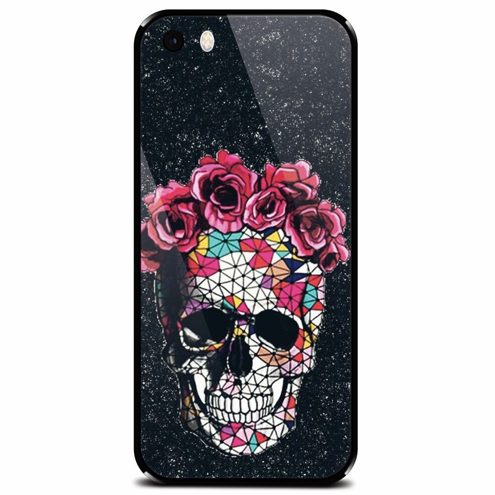 Husa din sticla securizata pentru Apple iPhone 5, Colorful Skull Roses Space