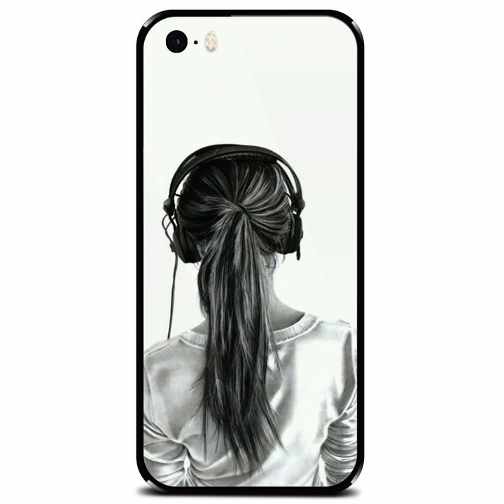 Edzett üvegtok Apple iPhone 5-höz, Girl With Headphone